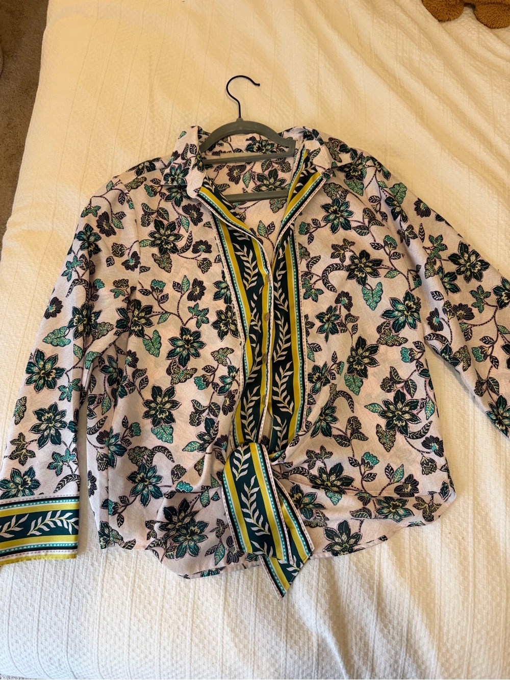 LOFT Pink Floral Tie-Front Blouse with Green Accents